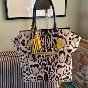 COACH large ocelot leopard print calf hair tote 21165 mahogany/yellow
